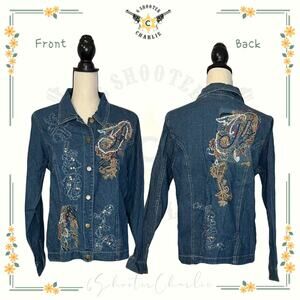 Beautiful INDIGO MOON Floral Embroidered Denim Button Down Jacket Size Medium